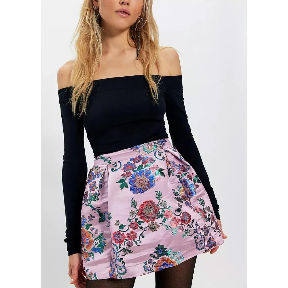Free People Pink Brocade Floral Mini Skirt - Picture 1 of 11